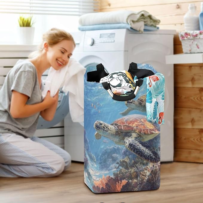 Sea Turtles Swimming in Vibrant Coral Reef Large Laundry Hamper Basket, Collapsible Laundry Bag Storage Bins Baskets with Handles for Laundry, Bedroom, Home Decor