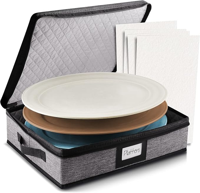 Platter Storage Case, Fine China Storage Containers Hard Shell, Quilted and Stackable 16”x 12.5”x 3.5” Platter Storage Container with Zipper, Handles and Felt Dividers for Moving and Seasonal Storage