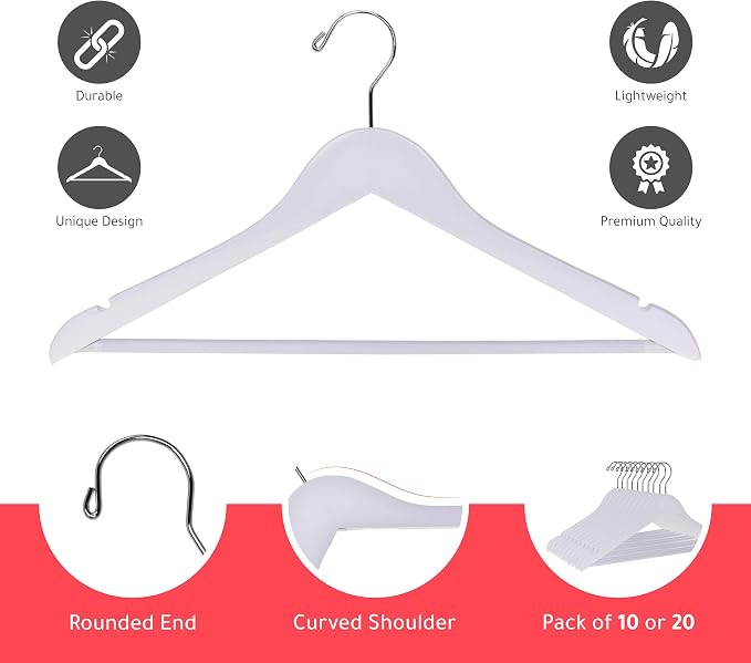 Quality Wooden Hangers - Slightly Curved Hanger 90 Pack Sets - Solid Wood Coat Hangers with Stylish Chrome Hooks - Heavy-Duty Clothes, Jacket, Shirt, Pants, Suit Hangers (White, 90)