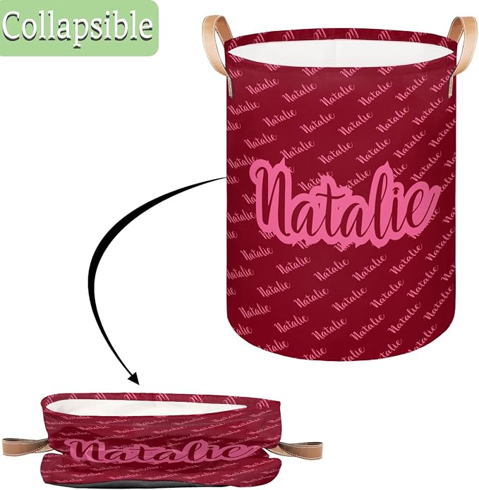 Personalized Laundry Basket, Custom Gift Laundry Hamper, Collapsible Nursery Waterproof Laundry Baskets, Dirty Clothes Toy Hamper with Handles Name Text Red