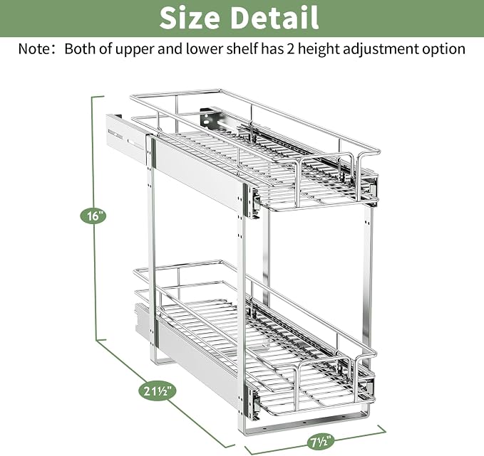 ROOMTEC Pull Out Cabinet Organizer (7½"W x 21½"D),2 Tier Pull Out Storage Shelf Drawer Basket,Sliding Shelves for Base Cabinet Organization in Kitchen, Bathroom, Pantry