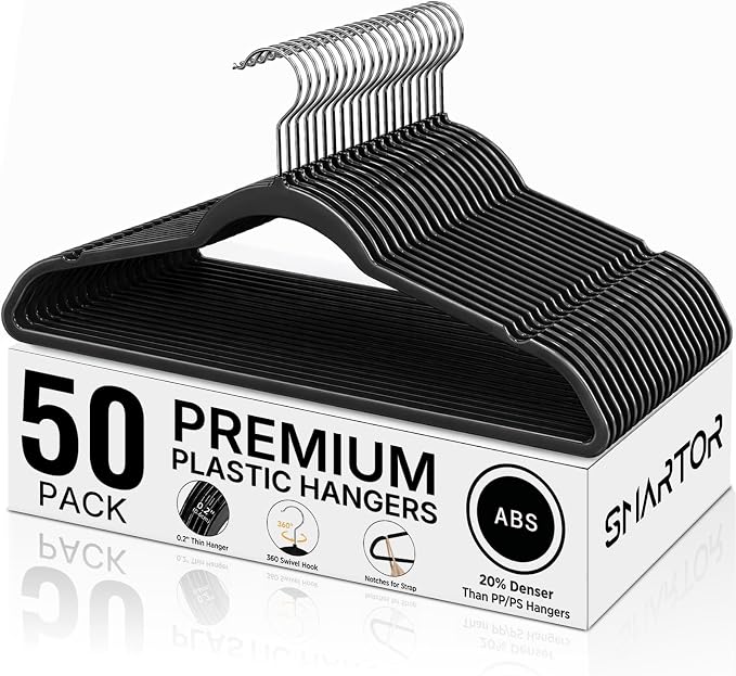 SMARTOR Plastic Hangers 50 Pack, Heavy Duty Plastic Hangers for Clothes - Non-Velvet Slim Hangers with 360° Swivel Hook & Clothes Thin Hanger - Durable Coat Hangars, Space Saving Hanger - Black