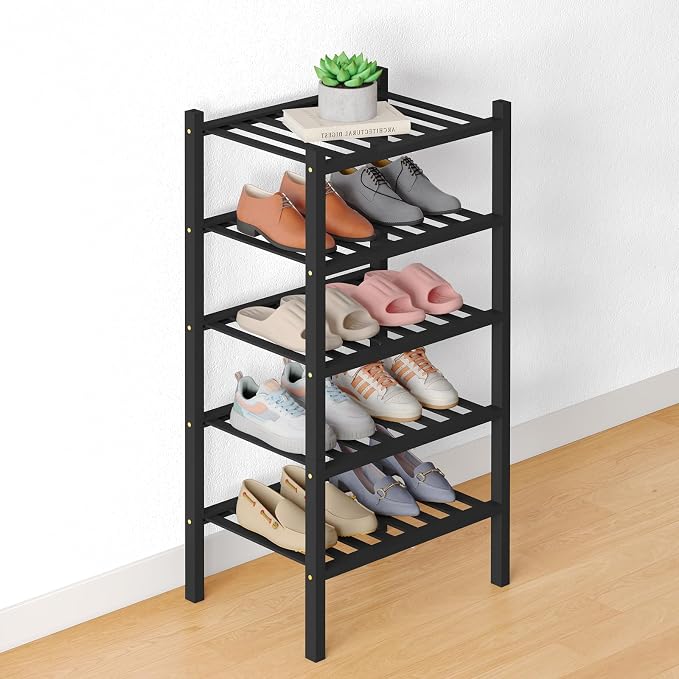 Smiry Bamboo Shoe Rack for Closet, 5 Tier Small Wooden Shoe Organizer, Stackable Wood Shoe Storage Shelf for Entryway, 14 Vertical Slats, 2+3 Stack Heavy-Duty Legs, 17.32"x11.02"x31.3", Black