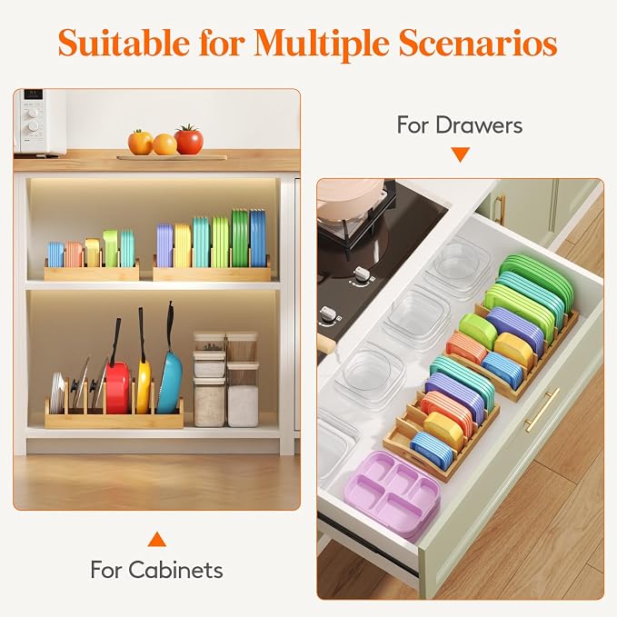 Lifewit Bamboo Lid Organizers for Inside Cabinet, Food Storage Container Lid Holder with 5 adjustable Inserts & 6 Sections, Kitchen Pantry organizer and storage, Large, 13.2" x 10"/34 x 25cm