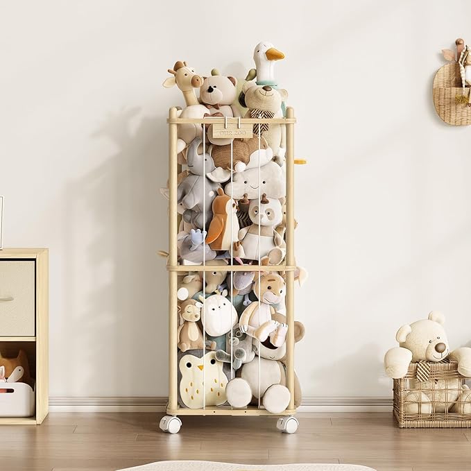 EXPERLAM Stuffed Animal Storage Zoo with Wheels,Montessori-Inspired Solid Pine Wood Plush Toy Organizer,Stuffed Animal Holder with Thick Elastic Cords for Kids Room,Nursery and Bedroom,Small