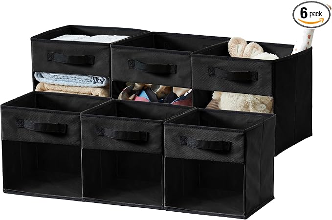 DECOMOMO Storage Bins, Cube Storage Bin with Window | 11" Cube, 6 Pack, Fabric Storage Cubes for Shelves (Black)