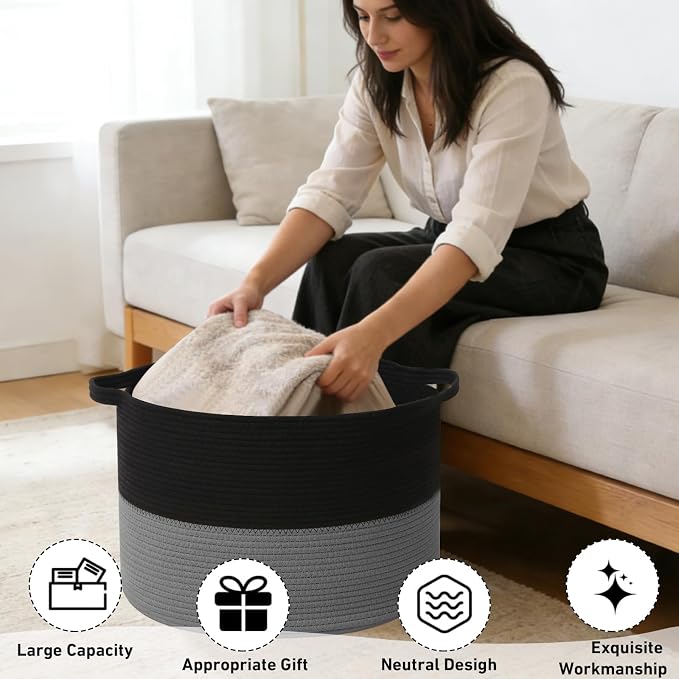 115L Large Blanket Basket,Woven Rope Laundry Basket Hamper with Handles, Decorative Nursery Basket Storage Bin for Toys, Clothes Organizer, Living Room, Bedroom, Bathroom, Black&Dark Grey