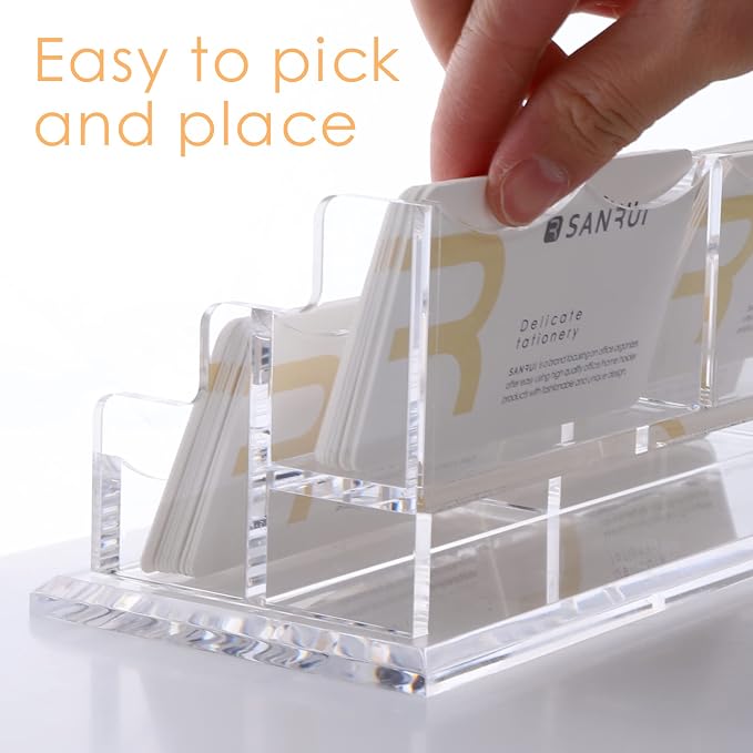 SANRUI Clear Horizontal Business Card Holder Stand for Desk, Acrylic Desktop Display Name Cards Holders Organizer Storage Rack,for Exhibition, Home, Office,2 Tier 4 Pocket, 240 Card Capacity
