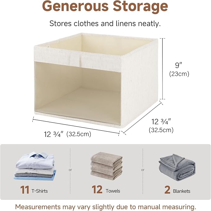 StorageWorks Closet Storage Bins with Clear Window, Linen Closet Organizers and Storage Bins, Collapsible Storage Baskets with PU Handles, Large Fabric Bins, Beige, Cotton-Linen, 3-Pack