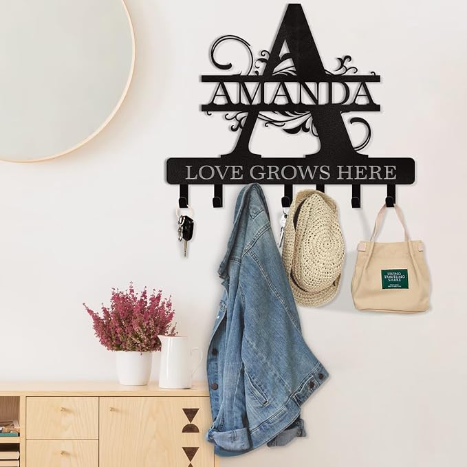 Dyoart Personalized Key Holder for Wall, Custom Name Key Hooks for Wall Organizer, Customized Anniversary Housewarming Gifts Key Rack Wall Mount for Front Door Hallway Bedroom Decor