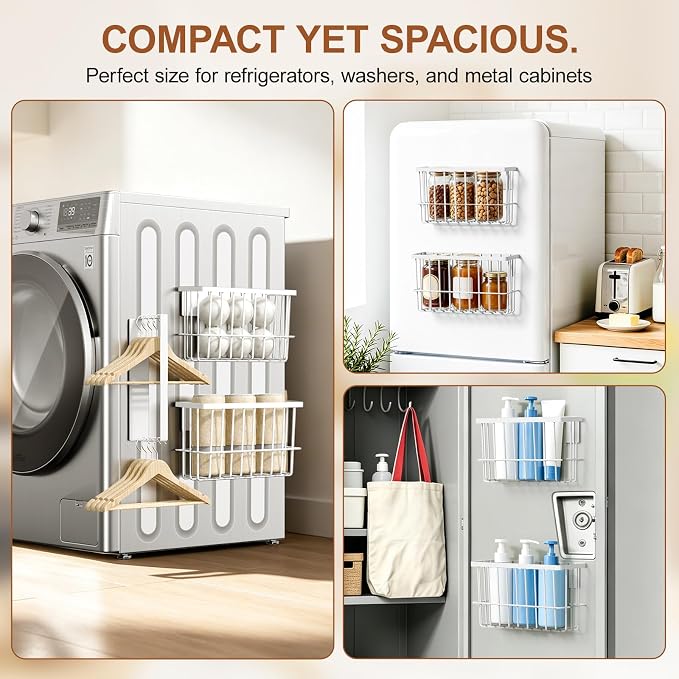 FAMNONE Magnetic Laundry Organizer, Dryer Ball Holder & Hanger Rack | Magnetic Lint Bin, Fridge Basket, Washer Dryer Organizer, Metal Magnetic Basket for Kitchen, Fidge, Laundry