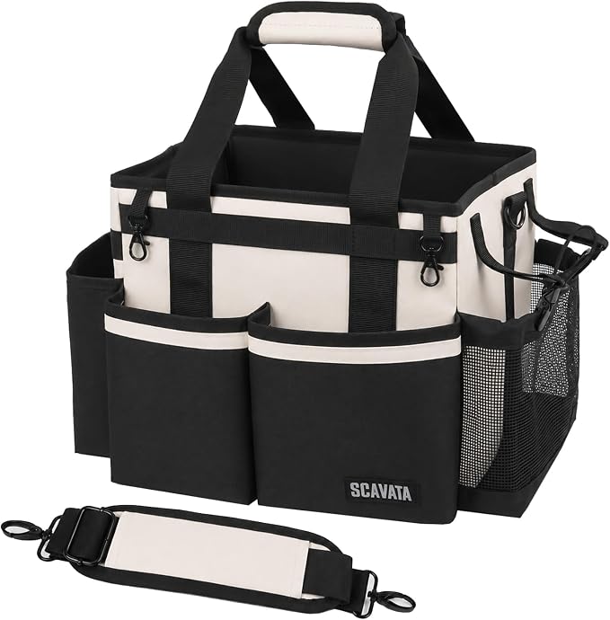 SCAVATA Compact Wearable Cleaning Caddy, Small Cleaning Supplies Organizer with Handle & Shoulder Straps for Housekeepers, under Sink & Car Cleaning Tool Organizers Bag, Cream White