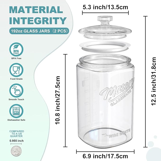 Ritayedet 1.5 Gallon Glass Cookie Jars 2 Packs, Large Flour Sugar Container with Lid for Candy, Flour, Sugar, Coffee, Wide Mouth Mason Jar with Scale Marking for Sourdough Starter, Dog Treat Jar