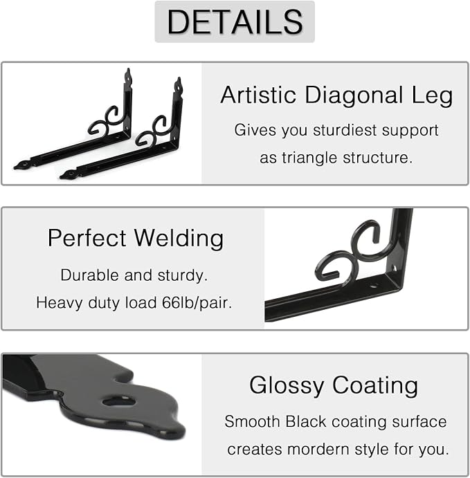OVOV Shelf Brackets 4 Pcs Heavy Duty Decorative 10 Inch Black Right Angle Shelving Brackets Wall Mounted Shelf Supports for DIY Home Kitchen Living Room