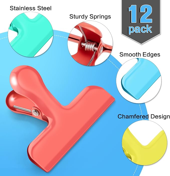Chip Bag Clips, 12 Pack Heavy Duty Chip Clips & Food Clip, Air Tight Seal Bag Clip for Kitchen and Office to Seal Coffee Bags, Paper Sheets (Multi-Color)