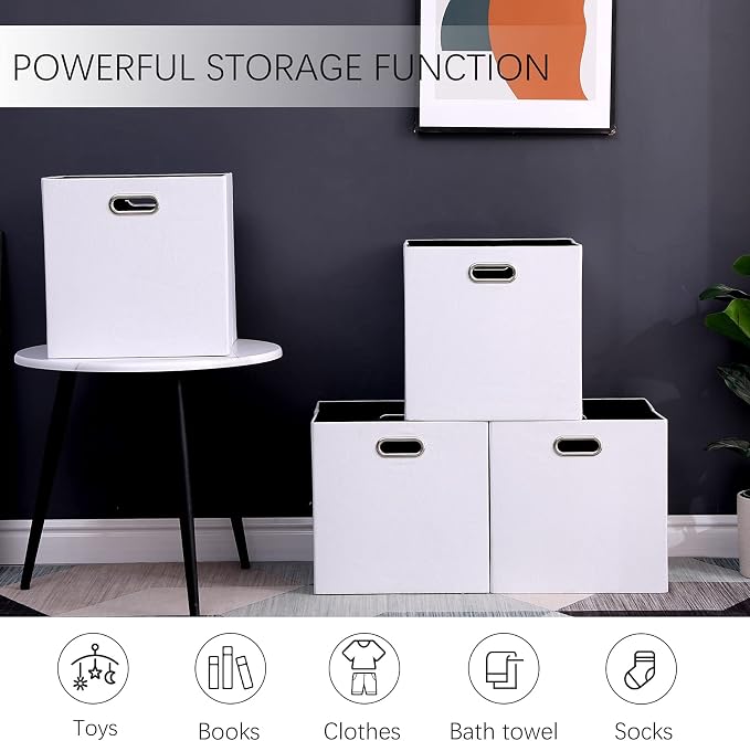Cube Storage Bins 13×13 Polyester Foldable Box with Handles, Collapsible Organization Basket Set of 4 Large Capacity Drawer for Closet Shelf Cabinet Bookcase Bedroom, White