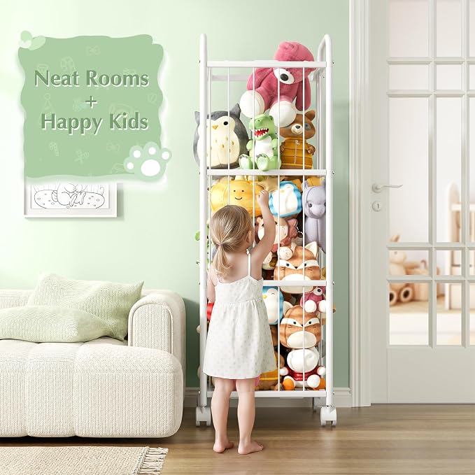 Stuffed Animal Storage, Metal Tube Toy Storage Organizer Extra Large Stuffed Animal Holder With Brake Wheels, Stuffed Animal Zoo Organizer For Nursery Playroom Kids Room White(53.5” x 18.1”x 13”) 13”)