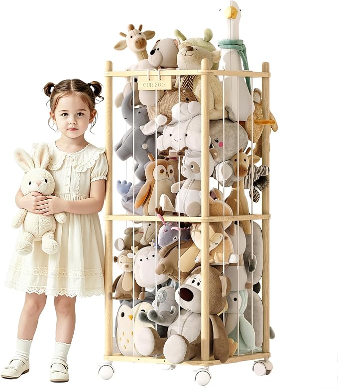 EXPERLAM Stuffed Animal Storage Zoo with Wheels,Montessori-Inspired Solid Pine Wood Plush Toy Organizer,Stuffed Animal Holder with Thick Elastic Cords for Kids Room,Nursery and Bedroom,Small