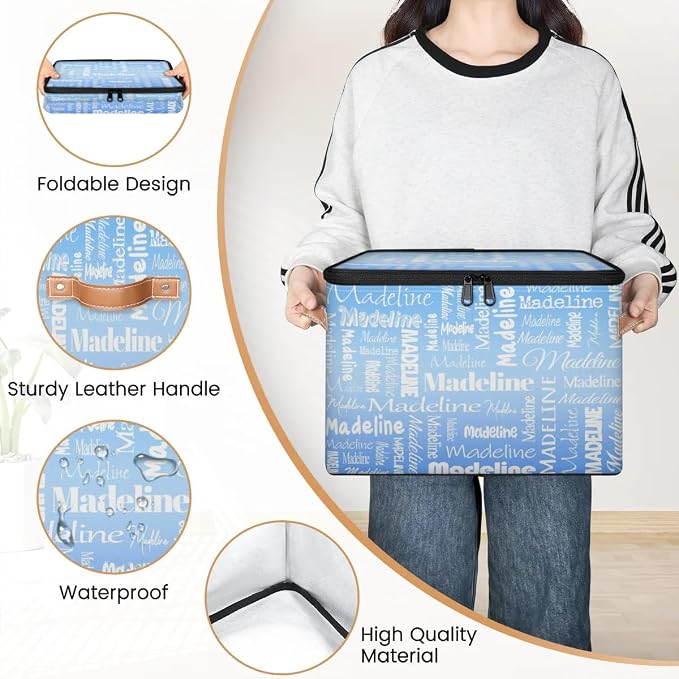 Custom Storage Basket with Name, Personalized Keepsake Box with Zipper Lid, Foldable Fabric Memory Bin Large capacity with Handle Blue