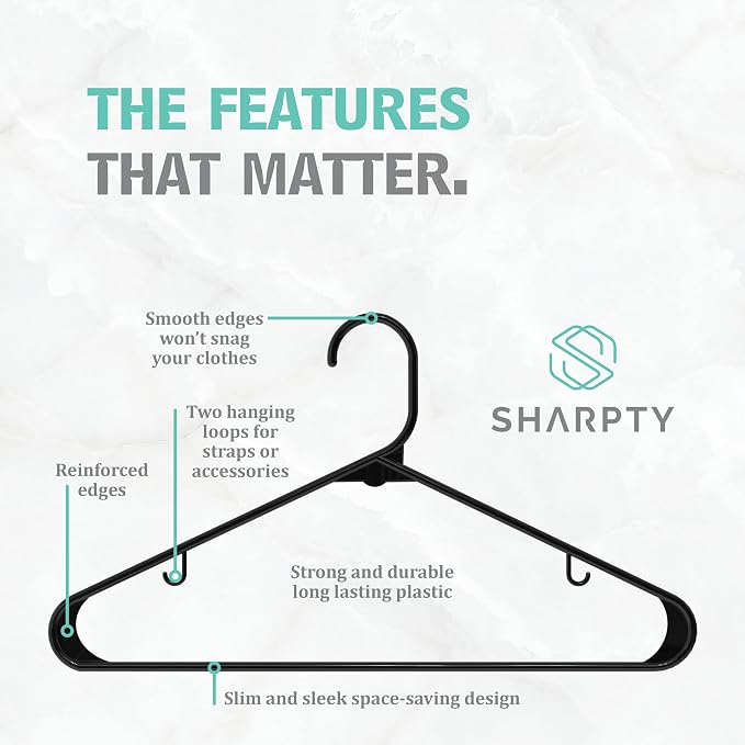 Sharpty Plastic Hangers Clothes Hangers for Clothing, Closet, Coats & Shirts - Durable & Space Saving - for Everyday Standard Use, Room Essentials & Basics - 20 Pack - Black