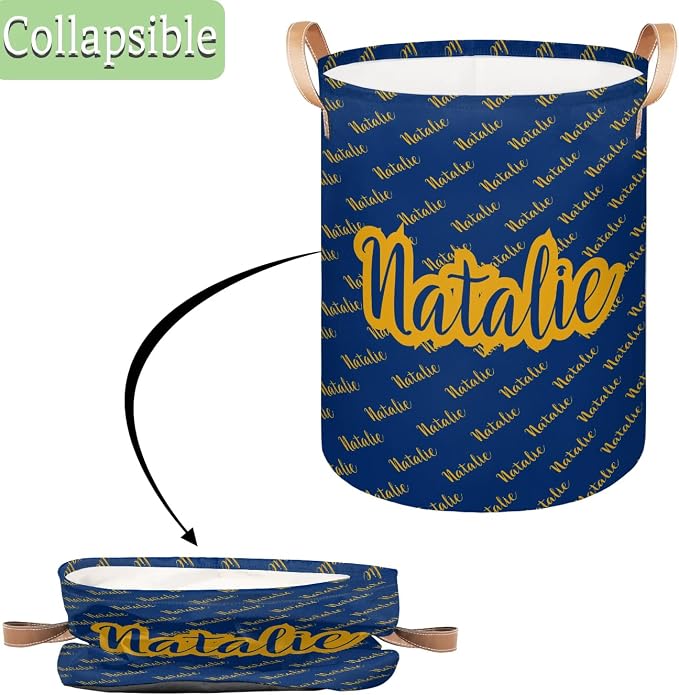 Personalized Laundry Basket, Custom Gift Laundry Hamper, Collapsible Nursery Waterproof Laundry Baskets, Dirty Clothes Toy Hamper with Handles Name Gold Blue