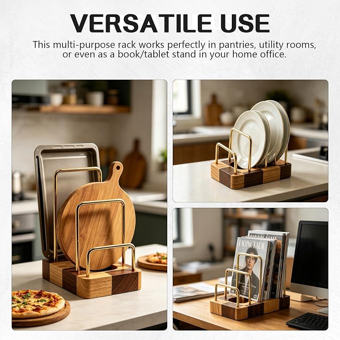 Chopping Board Rack with Rubberwood Base – 3 Slot Wood Cutting Board Holder Pot Lid Stand, Baking Trays Pans Plates Cabinet Storage Divider Accessory for Home Countertop Kitchen Storage & Organizer