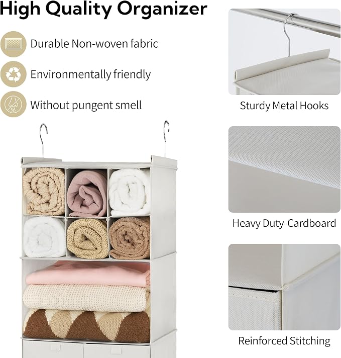 GRANNY SAYS Hanging Closet Organizer with Drawers, 4 Shelf Dividers Closet Hanging Organizer, Foldable Hanging Shelves for Clothes Organizer, Small Closet Organizers and Storage, Beige