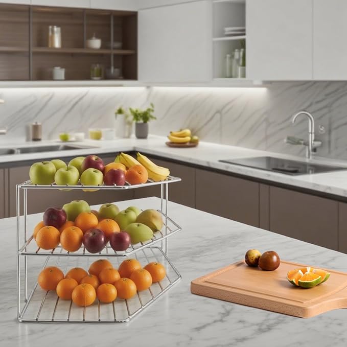 3-Tier Corner Shelf Counter and Cabinet Organizer - Steel Metal Wire - Rust Resistant - Plates, Dishes, Cabinet & Pantry Organizer - Kitchen Organization (10 x 7.5 Inch) (Chrome)
