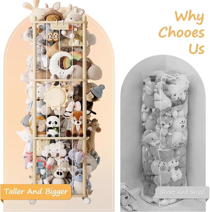 EXPERLAM Stuffed Animal Storage Zoo with Wheels, Montessori-Inspired Solid Pine Wood Plush Toy Organizer, Tall Stuffed Animal Holder with Thick Elastic Cords for Kids Room, Nursery,and Bedroom,Large