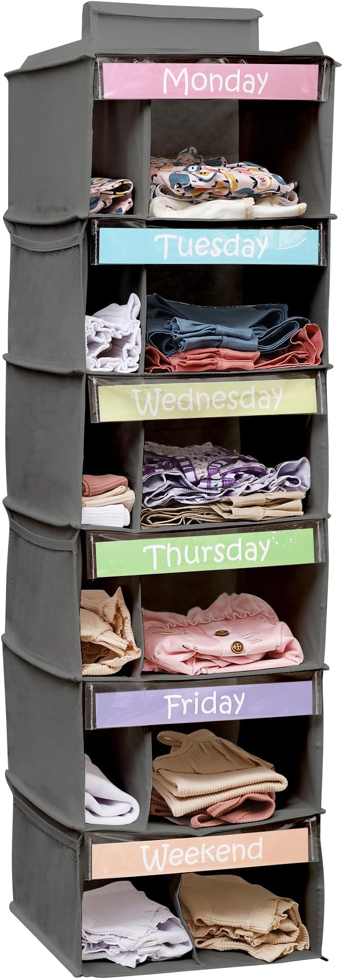 Kids Clothes Organizer, Weekly Clothes Organizer for Kids, 6 Shelf, Grey | Houseables Closet Daily Outfit Storage, Monday Through Friday Clothing Planner, Day of The Week, Weekday, School, Hanging