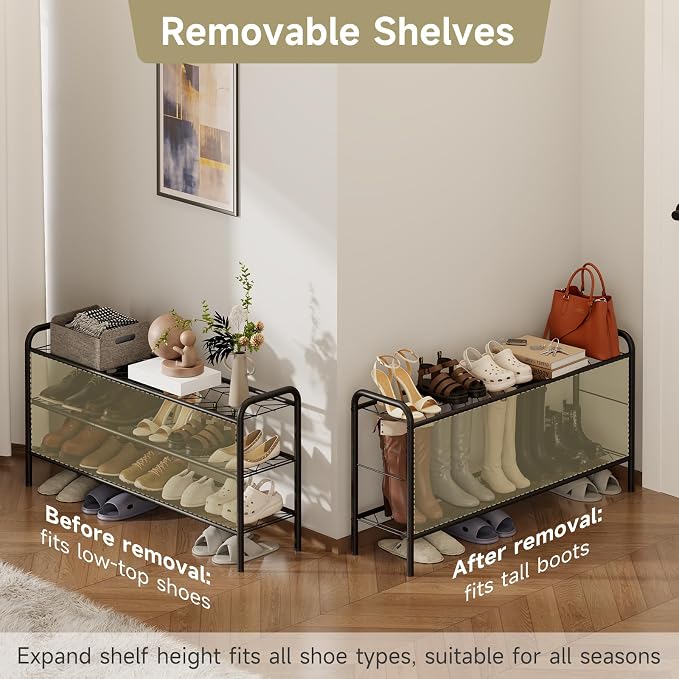 Shoe Rack,Long Shoe Organizer for Closet,Wide Shoe Storage for Entryway, 3 Tier Sturdy Metal Free Standing Shoe Shelf
