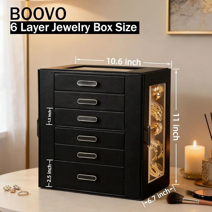 BOOVO Clear Lid Jewelry Box,6 Layers Jewelry Organizer Large Jewelry Storage Box with 6 Drawers,Jewelry Holder Organzier of Rings Earrings Necklace Bracelets for Women (Black, 6 Layer)