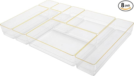 Martha Stewart Kerry Plastic Stackable Office Desk Drawer Organizers, Set of 8, with Gold Trim