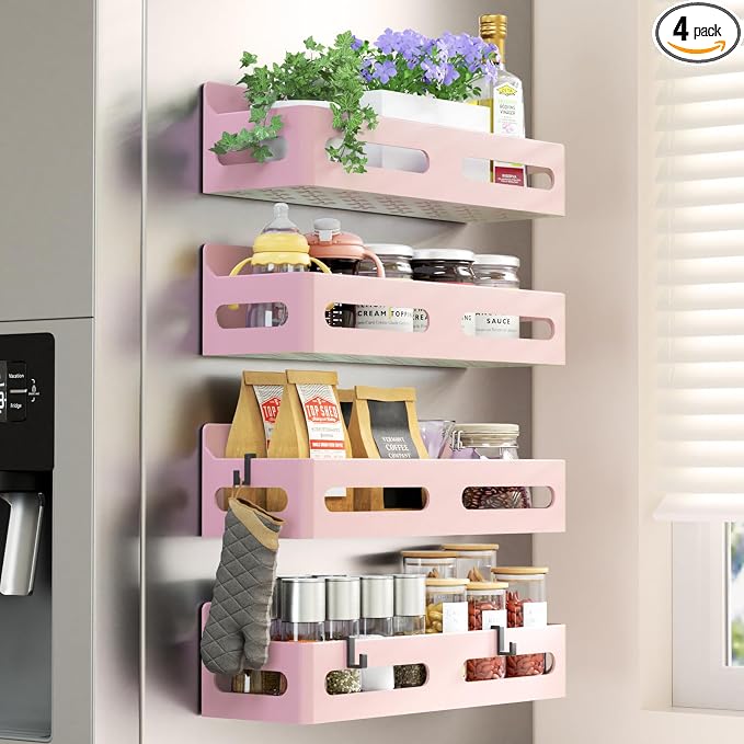 Sevenblue 4-Pack Magnetic Spice Rack for Refrigerator with Hooks, Pink | Strong multipurpose magnetic shelf for kitchen & bathroom organization. Includes 4 removable hooks for hanging items.