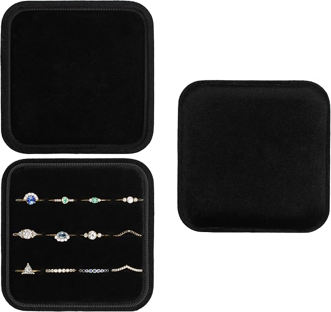 Velvet Jewelry Box Organizer | Ring Holder Case | Jewelry Small Travel Jewelry Storage | Portable Ring Earring Tray Organizer (Black)