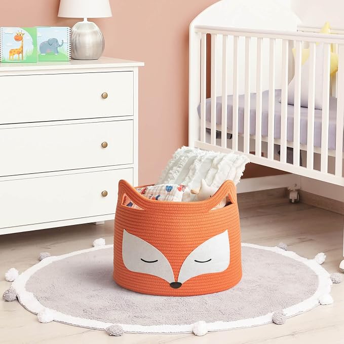 Fox Decor Basket, Nursery Basket for Baby Clothes, Toys, Laundry, Blanket, Cute Animal Storage Box, Large Woven Gift for Kids, Baby Showers-15.7"L x 11.8"H, Orange