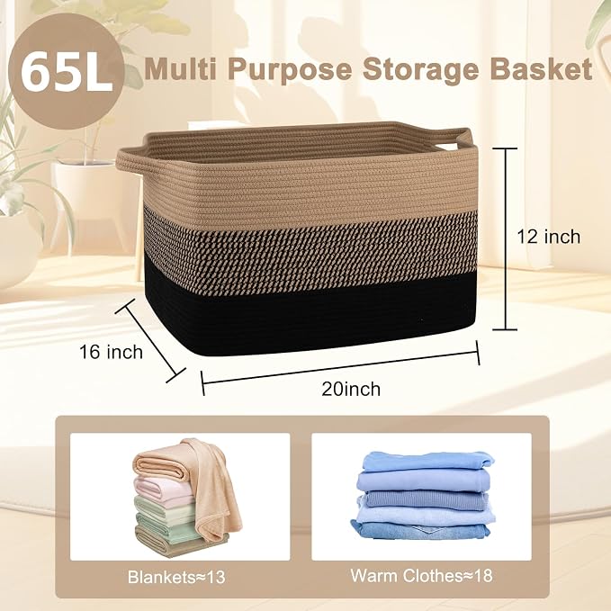 OIAHOMY Large Blanket Basket, 65L Cotton Rope Woven Laundry Basket, Toy Bin for Baby Room, Container for Blanket Storage in Living Room, 20''×16''×12'', Brown & Black