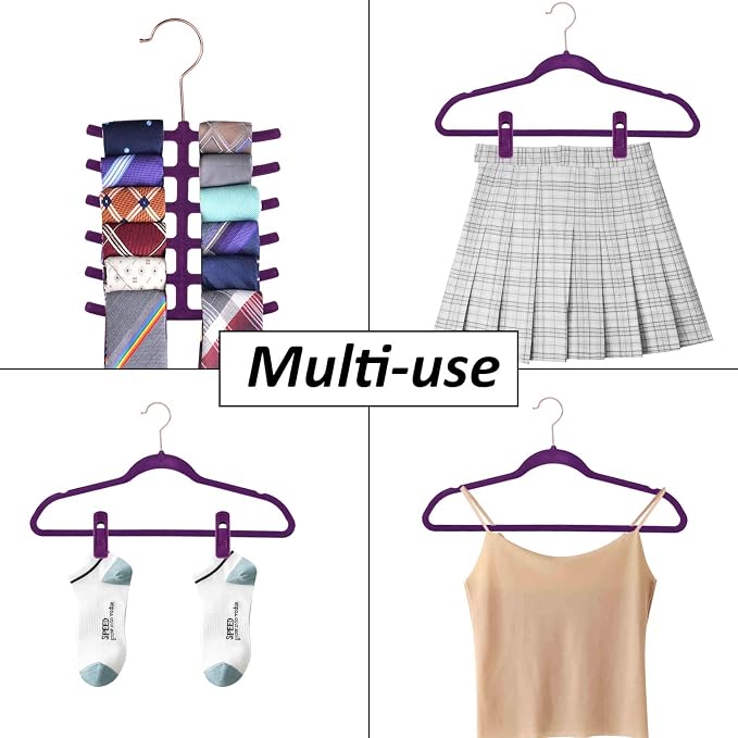 VECELO Premium Velvet Clothes Hangers Suit Heavy Duty (100 Pack)-Non Slip & Space-Saving with 12 Finger Clips & 2Tie Rack Excellent for Men and Women,Dark Purple