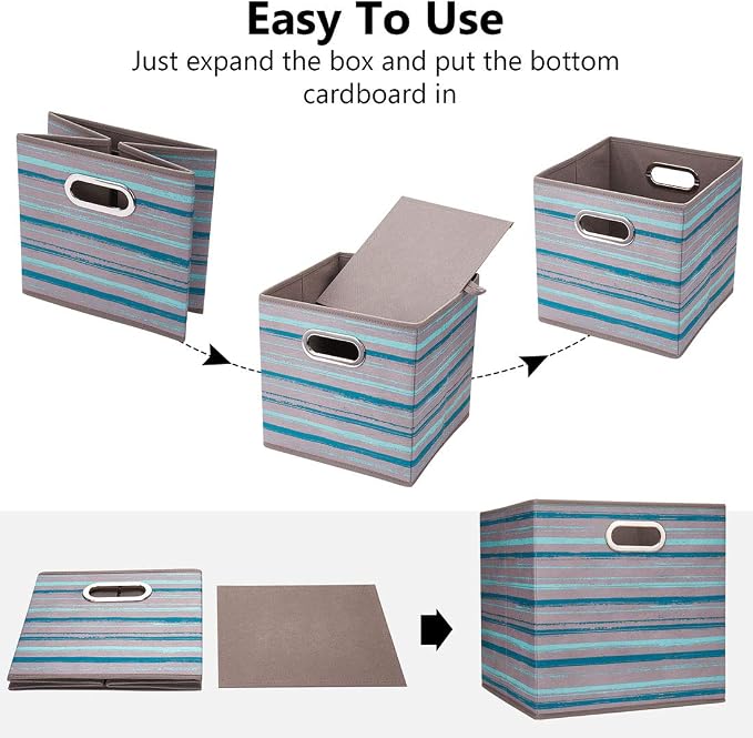 Cloth Storage Bins Set of 4 Thick Fabric Drawers Foldable Cubes Basket Organizer Container with Dual Metal Handles for Shelf Cabinet Bookcase Boxes Gray-Blue Stripes 13x13x13 inch