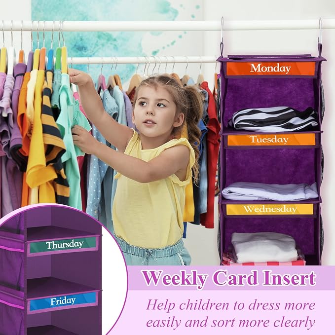Amylove 2 Pack 6 Shelf Weekly Clothes Organizer for Kids with Side Pocket, 47 Inch Days of the Week Clothes Organizer, Monday to Friday Daily School Outfits Clothing Divider for Kids(Purple)