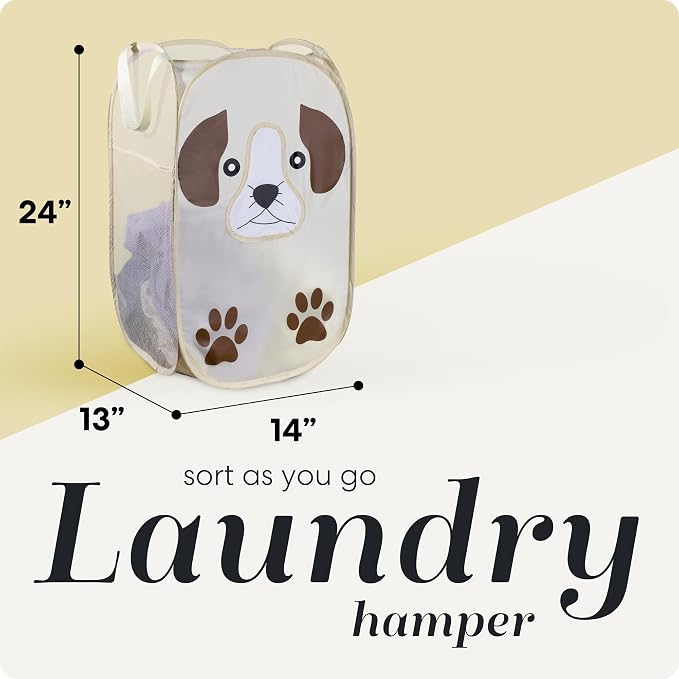 Pop Up Laundry Hamper, Cute Puppy Collapsible Mesh Basket 71L with Reinforced Handles and Side Pocket - Foldable Pop Up Hamper for Dorm, Travel, Kids Room - Handy Laundry (Puppy)