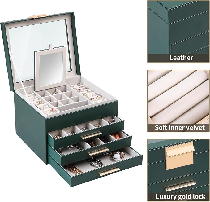 BOOVO Clear Lid Jewelry Box,3 Layers Jewelry Organizer Large Jewelry Storage Box with 2 Drawers,Jewelry Holder Organzier of Rings Earrings Necklace Bracelets for Women (Dark Green, 4 Layer)