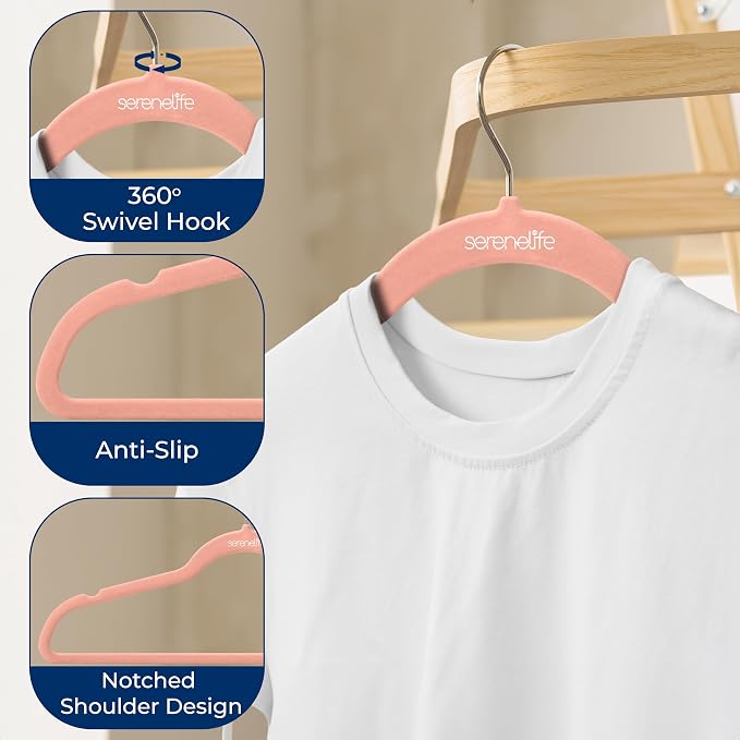 SereneLife Velvet Hangers – 100 Pack, Slim & Space Saving for Closets | Soft velvet grip prevents slipping on silk, satin & knitwear – 360° swivel hook fits all standard closet rods