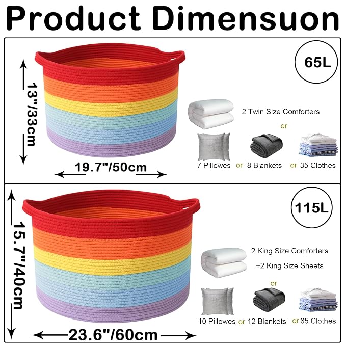 65L Large Blanket Basket,19.7" L x 19.7" W x 13" H Rope Woven Baskets with Handles, Toys Storage Bins,Laundry Basket Perfect for Living Room, Nursery,Bedroom,Home Organization,Rainbow