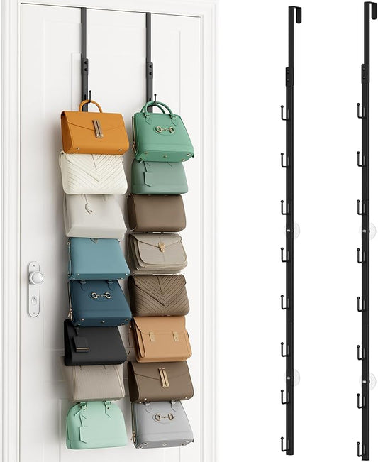 SWTYMIKI Over The Door Purse Organizer - 2 Packs Wall Mounted Purse Rack with 8 Hooks Design, Hanging Handbag Organizer Storage Holds up to 16 Bags, Bag Rack for Closet, Door (Black)