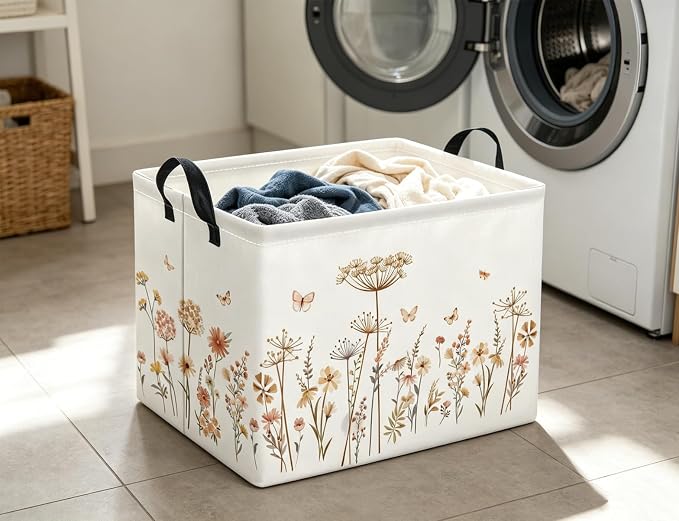Rectangular Baby Kids Storage Basket for Home Kitchen Girls Cute Toy Storage Bin Organizer Shelf Book Room Decor(Line Flower)