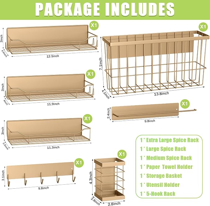 Magnetic Spice Rack for Refrigerator, 7 Pack Magnetic Fridge Shelf for Kitchen Organization Storage, Moveable Spice Organizer W/Paper Towel Holder, Utensil Caddy, Cutting Board Rack (Brown)