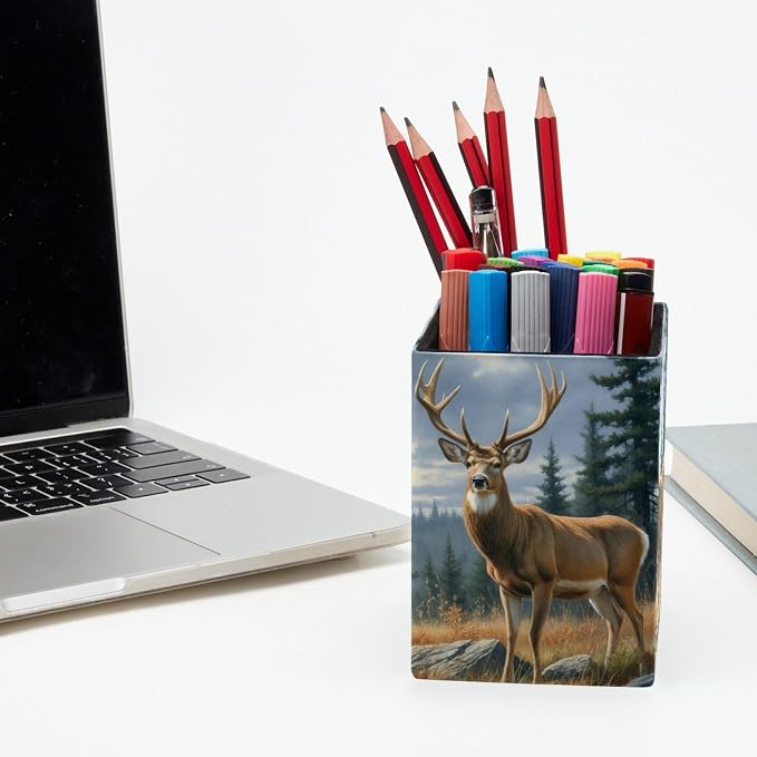 Pen Holder for Desk, Forest Deer Pencil Holder, Pen Cup Functional Desk Organizer for Office Supplies