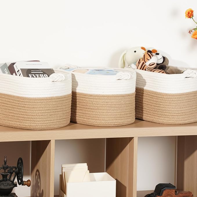 Temary Woven Storage Baskets, Set of 3 Rope Baskets for Storage Clothes, Towels, Versatile Boho Storage Bins (Jute, 13"x9.8"x8.5")