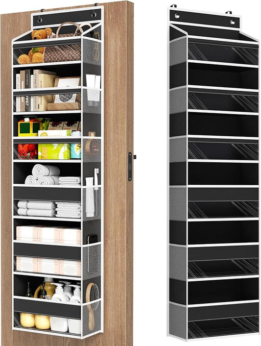 Mefirt 6 Tiers Over The Door Organizer, Heavy Duty Hanging Organizer Storage with Large Capacity Pockets, Behind Door Storage Hanging Shelves for Closet Wall Bathroom Bedroom Nursery Pantry, 1 Black